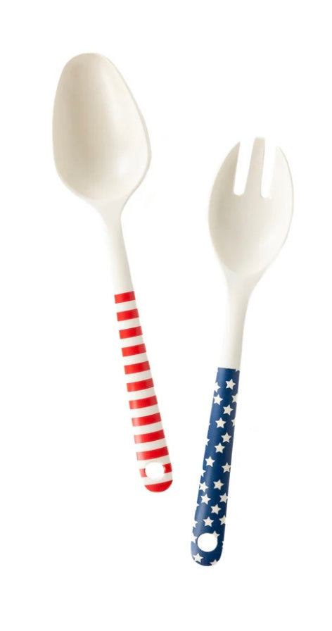 STARS AND STRIPES SALAD SPOON AND FORK REUSABLE BAMBOO SERVING-WARE